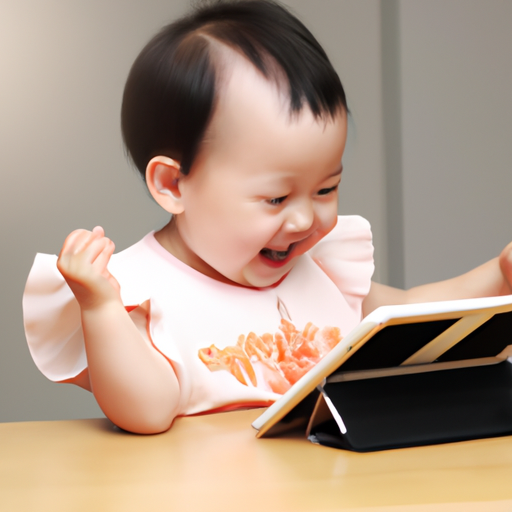תינוק משחק בשמחה עם מכשיר טאבלט